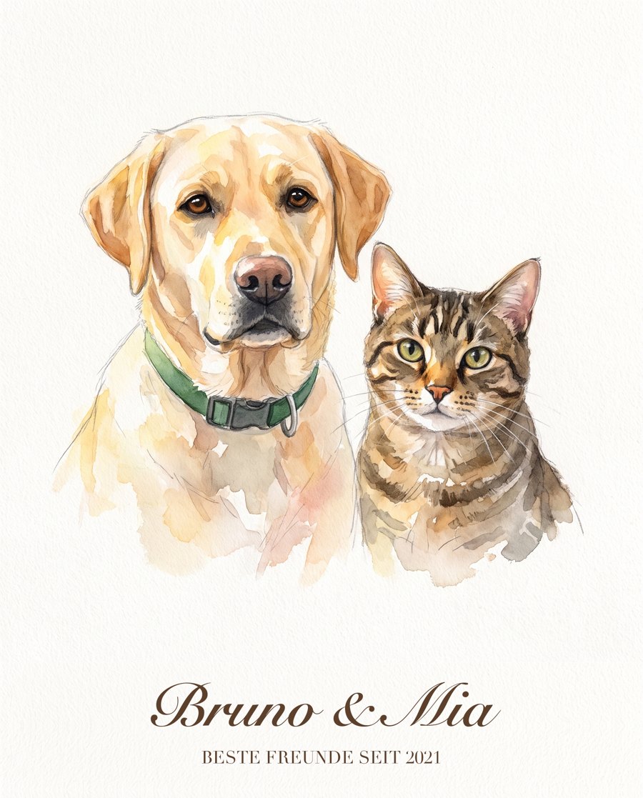 Beispiel: Aquarell-Portrait eines Labradors und einer getigerten Katze mit dem Schriftzug Bruno & Mia