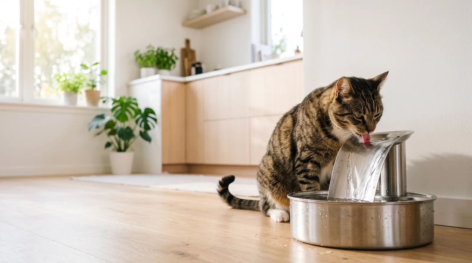 Getigerte Katze trinkt in einer hellen Küche an einem Trinkbrunnen aus Edelstahl (Symbolbild, KI-generiert)